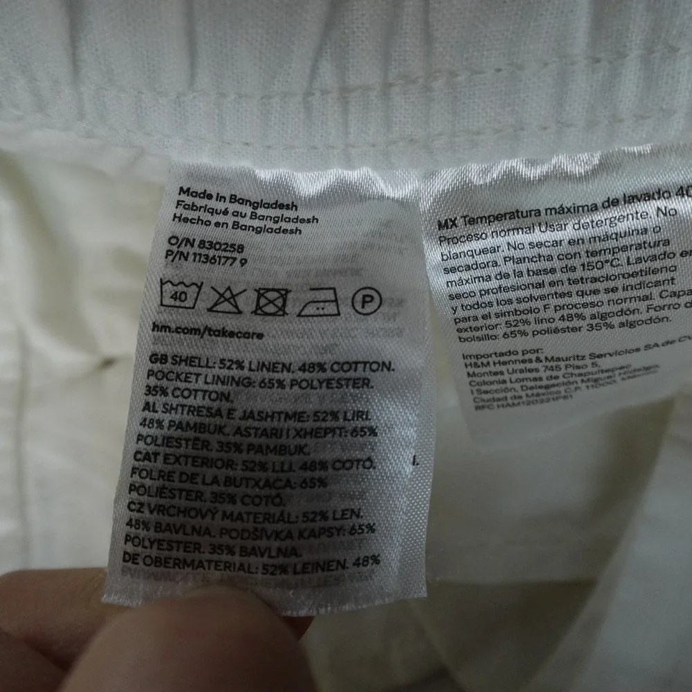 H&M Pants Mens XL White Linen Flat Front Drawstring Elastic Waist Chino Trouser